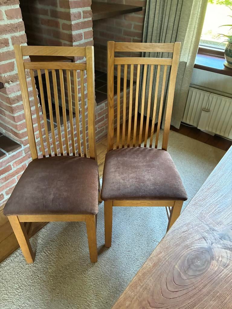 Set van 4 houten eetkamerstoelen met stoffen zitting, Huis en Inrichting, Stoelen, Ophalen, Gebruikt, Bruin, Vier