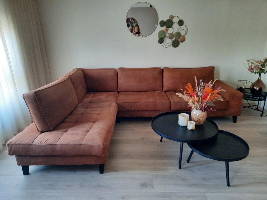 Hoekbank L-opstelling cognac kleur stoffen bank, Huis en Inrichting, Ophalen of Verzenden, Stof