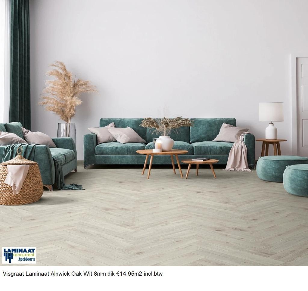 Visgraat Laminaat Alnwick Oak Wit 8mm dik €14,95m2 incl.btw, 75 m² of meer, Wit, Nieuw, Ophalen of Verzenden