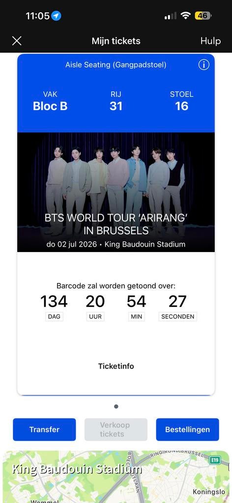 1x Zitplaats dicht bij stage BTS WORLD TOUR BRUSSEL, Eén persoon