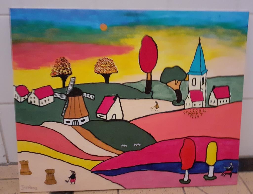 Naïef schilderij 50x40cm - Dorpsgezicht met molen, Antiek en Kunst, Ophalen of Verzenden