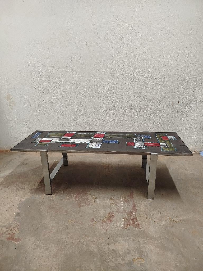 Mooie chromé vintage sixties MCM J.Belarti tegel-salontafel, Huis en Inrichting, Gebruikt, 100 tot 150 cm, Overige materialen