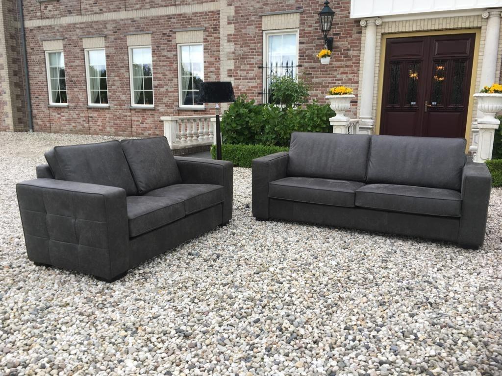 Bankstel MAMMOET HUFTERPROOF LEDER kleur graphite, Huis en Inrichting, Banken | Bankstellen, Industrieel landelijk, Nieuw, 75 tot 100 cm