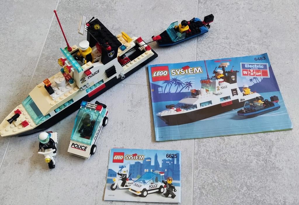Lego System Politieboot 6483 met auto en motor 6625., Ophalen of Verzenden, Gebruikt, Complete set, Lego