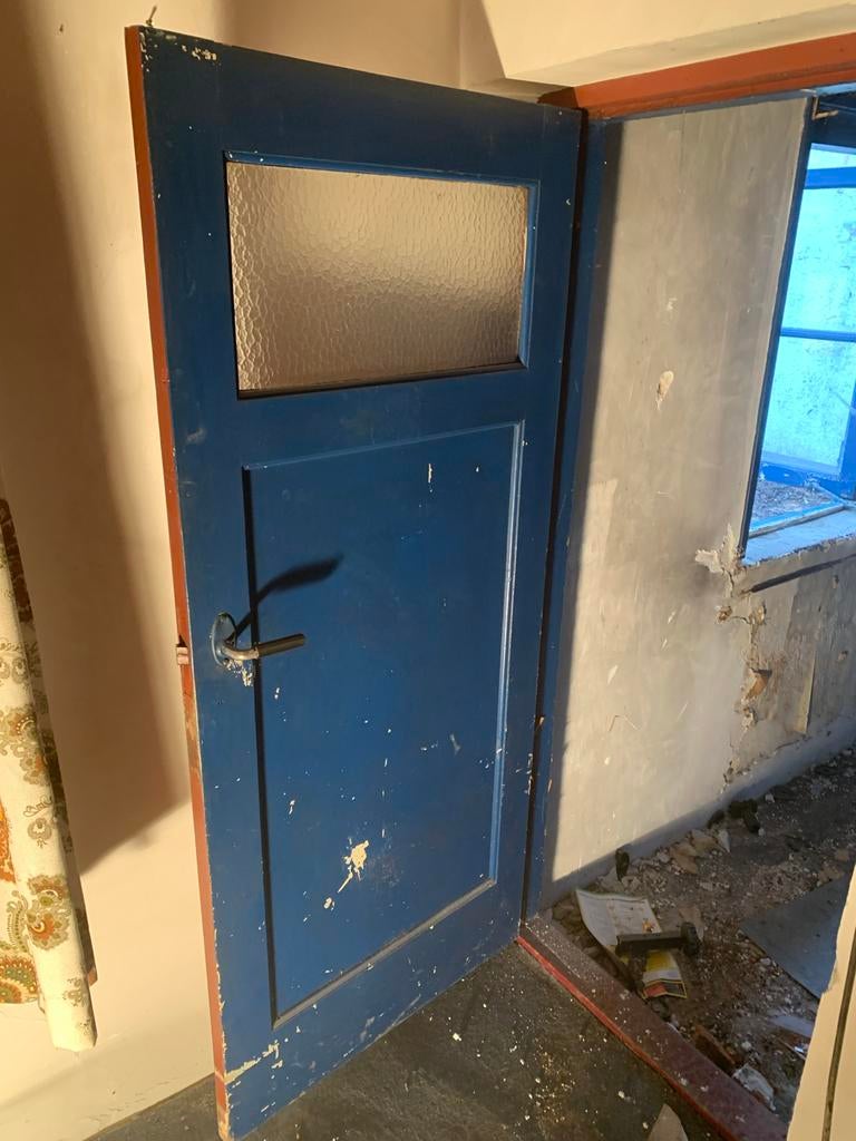 Ouderwetse Houten binnendeur met glas, Doe-het-zelf en Verbouw, Deuren en Horren, Ophalen, Gebruikt, Minder dan 80 cm, Binnendeur
