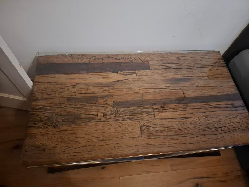 Houten tafel met glasplaat, Ophalen, Zo goed als nieuw, 75 cm of meer, 60 cm of meer
