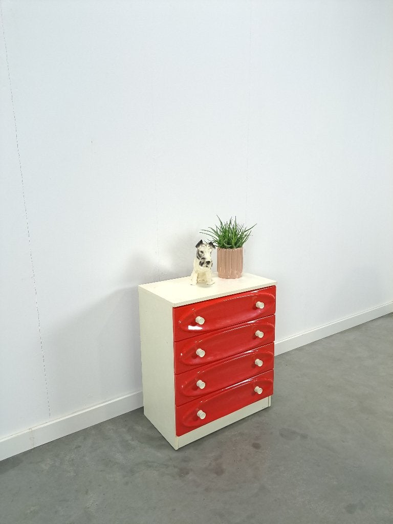 Vintage ladekast met rood roze kunststof lades 1970, Ophalen, Gebruikt, 50 tot 100 cm, 3 of 4 laden