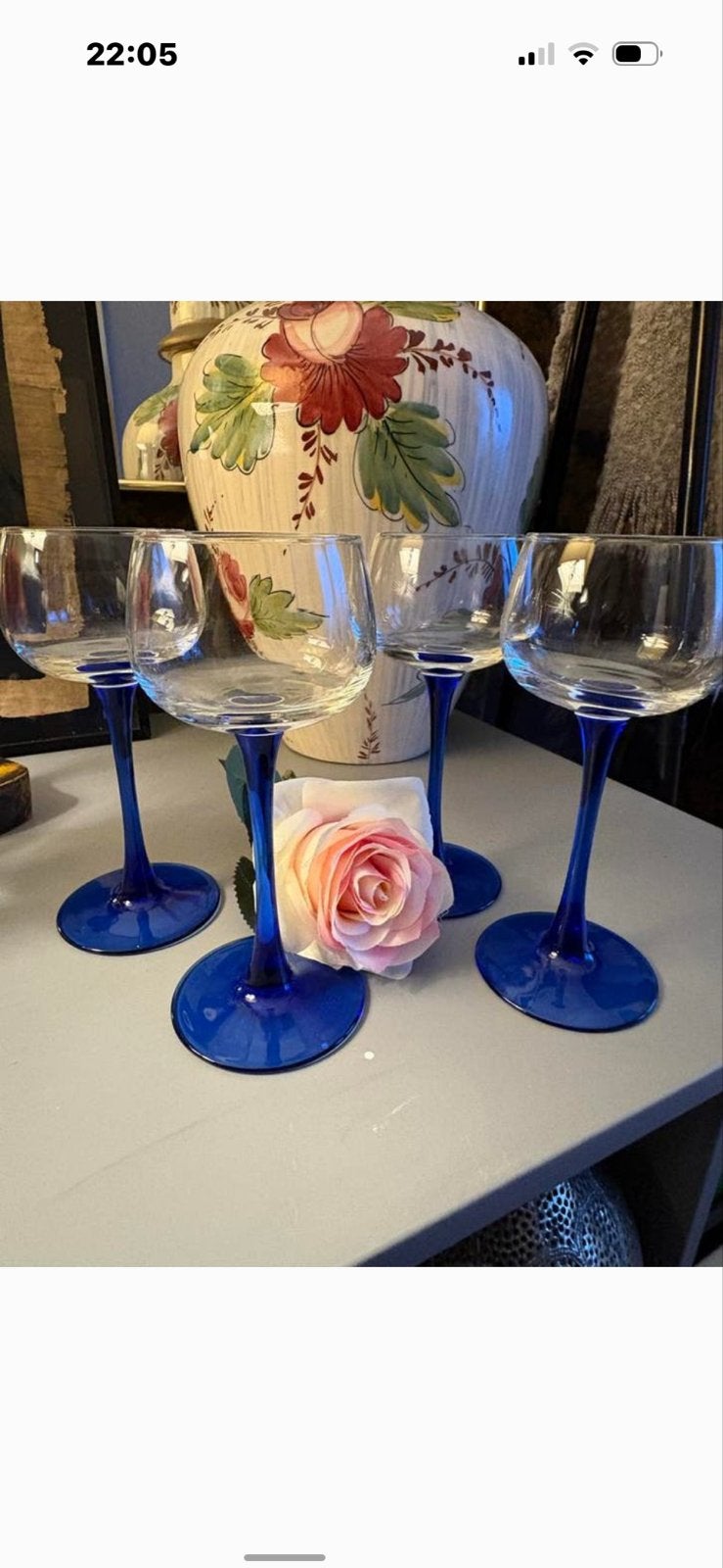 Set van 4 vintage Franse wijnglazen Luminarc op blauwe voet., Ophalen of Verzenden