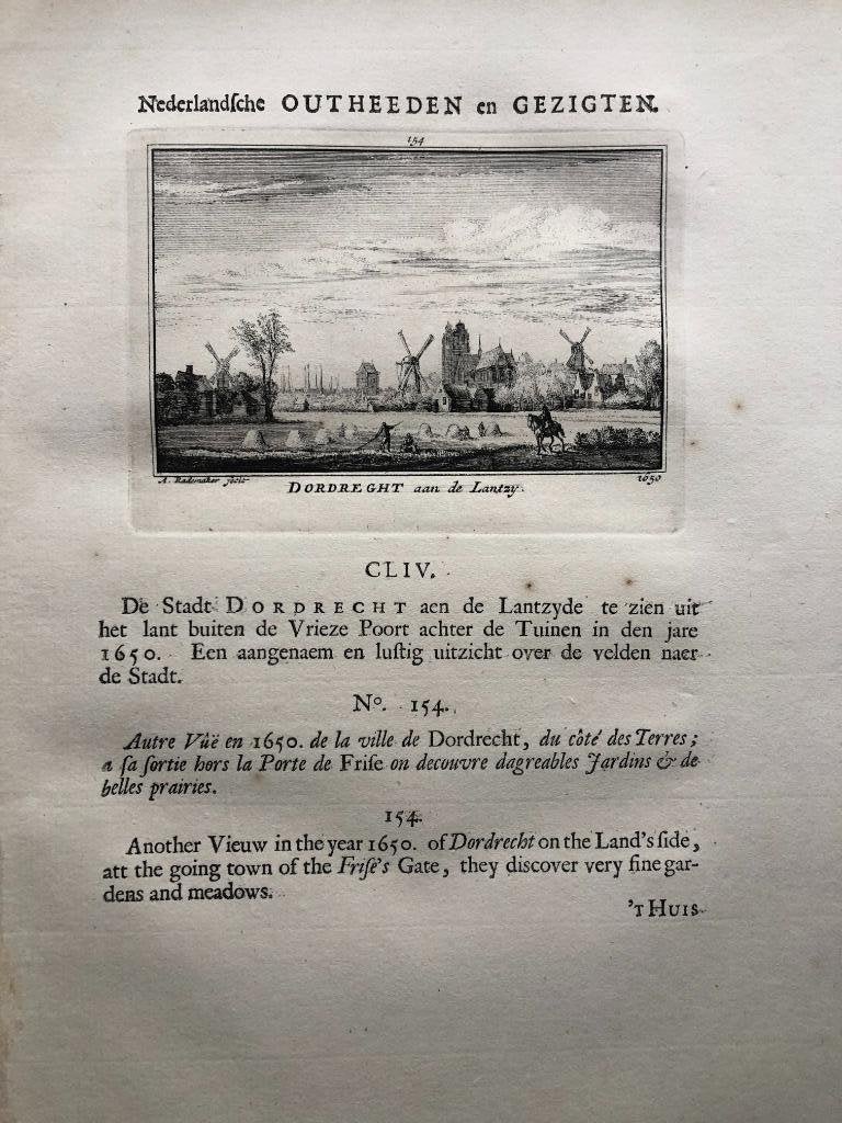 154 / Dordrecht van de Landzijde Kopergravure 1732, Ophalen of Verzenden