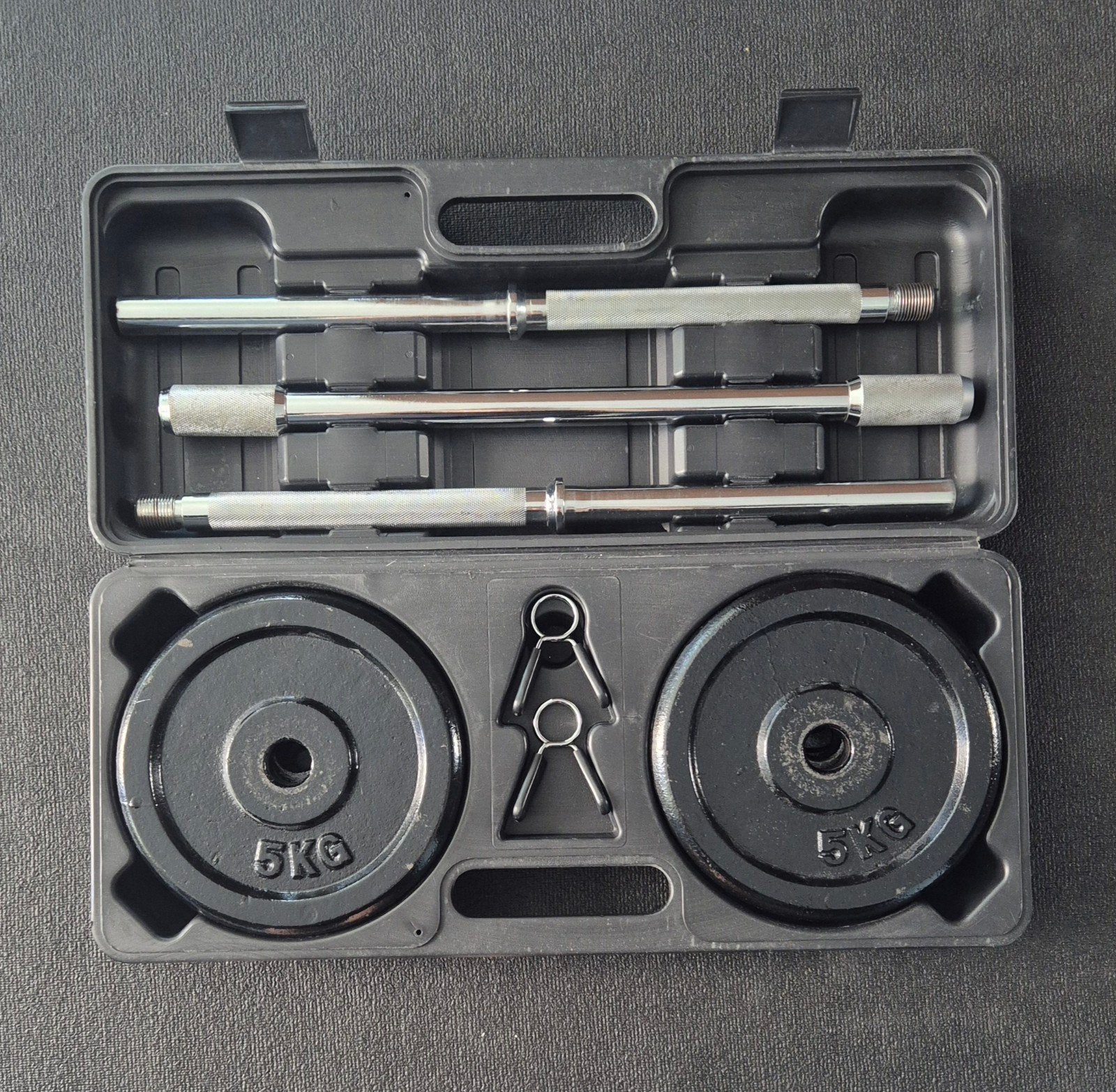 Barbell 23kg - Demonteerbaar - Koffer, Sport en Fitness, Fitnessmaterialen, Ophalen, Zo goed als nieuw, Rug, Halterset