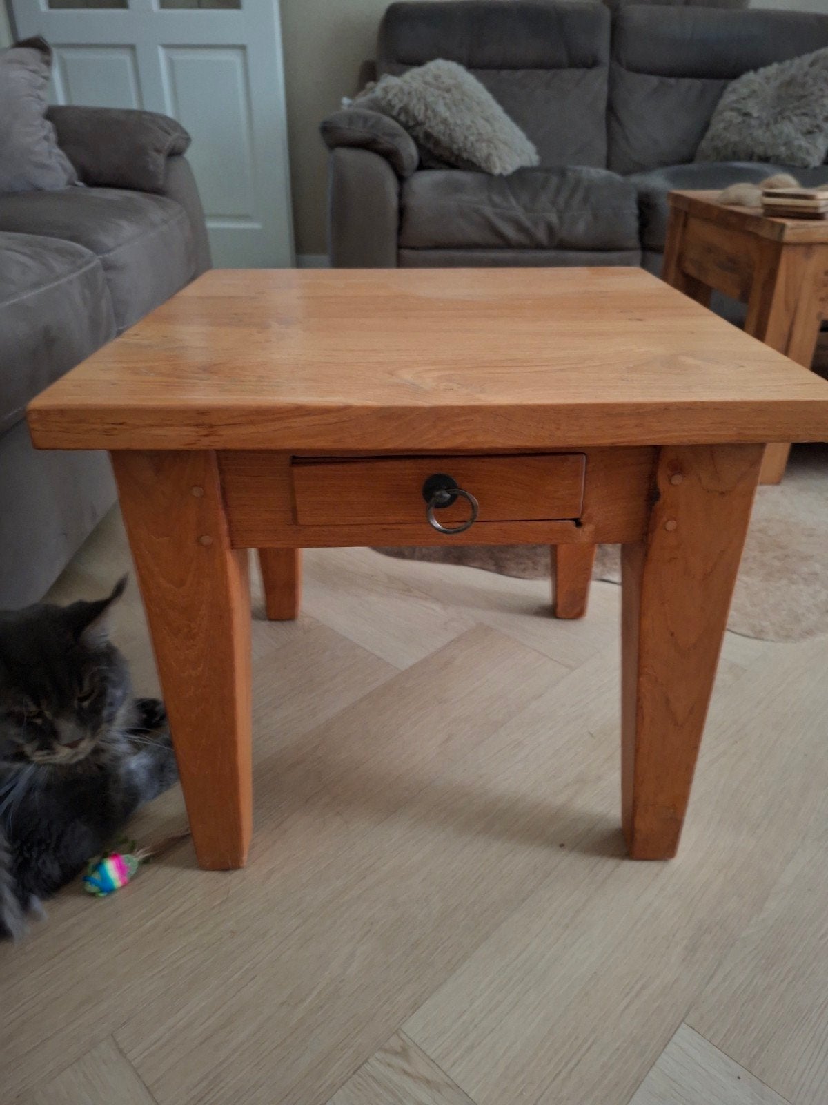 2 x Massief houten teak salon/bijzettafel met lade 50X50X 46, Ophalen, Minder dan 45 cm, Minder dan 55 cm, Gebruikt
