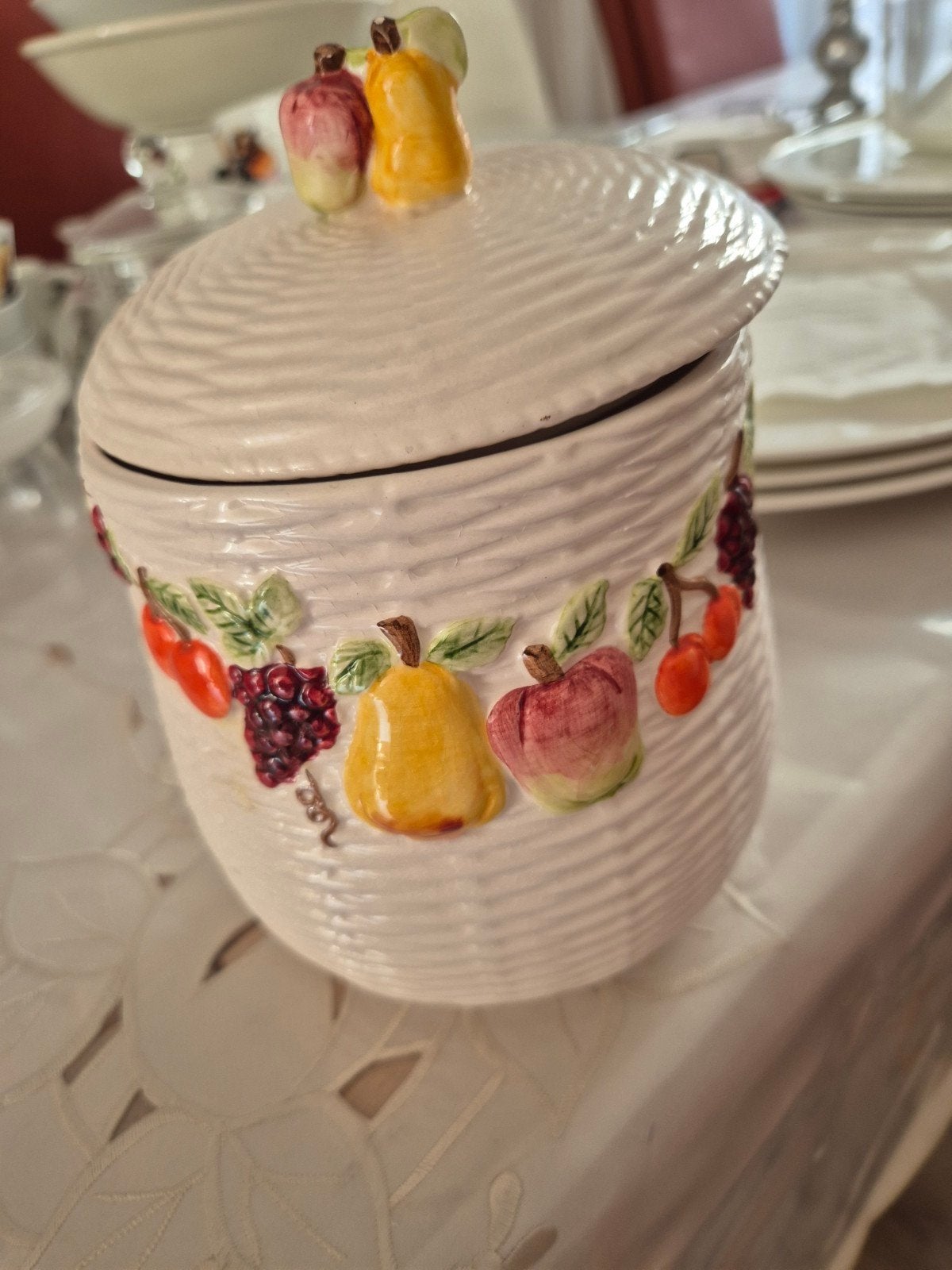 Tilia Voorraadpot met Fruitdecoratie - Wit Keramiek, Ophalen of Verzenden