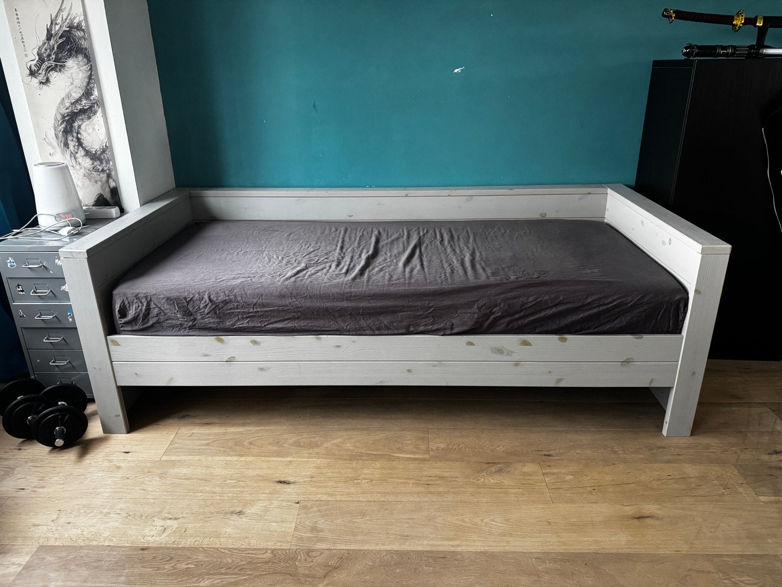 Stevig houten bedframe - 1 persoons (zonder matras), Huis en Inrichting, Gebruikt, 90 cm, Eenpersoons, Ophalen of Verzenden