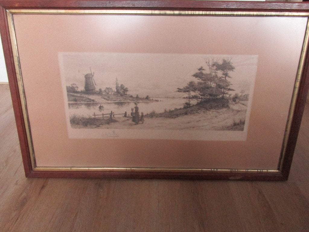 Mooie ets Otto Dinger rond 1900 landschap, Antiek en Kunst, Ets, 86 cm, Ophalen of Verzenden, 53 cm