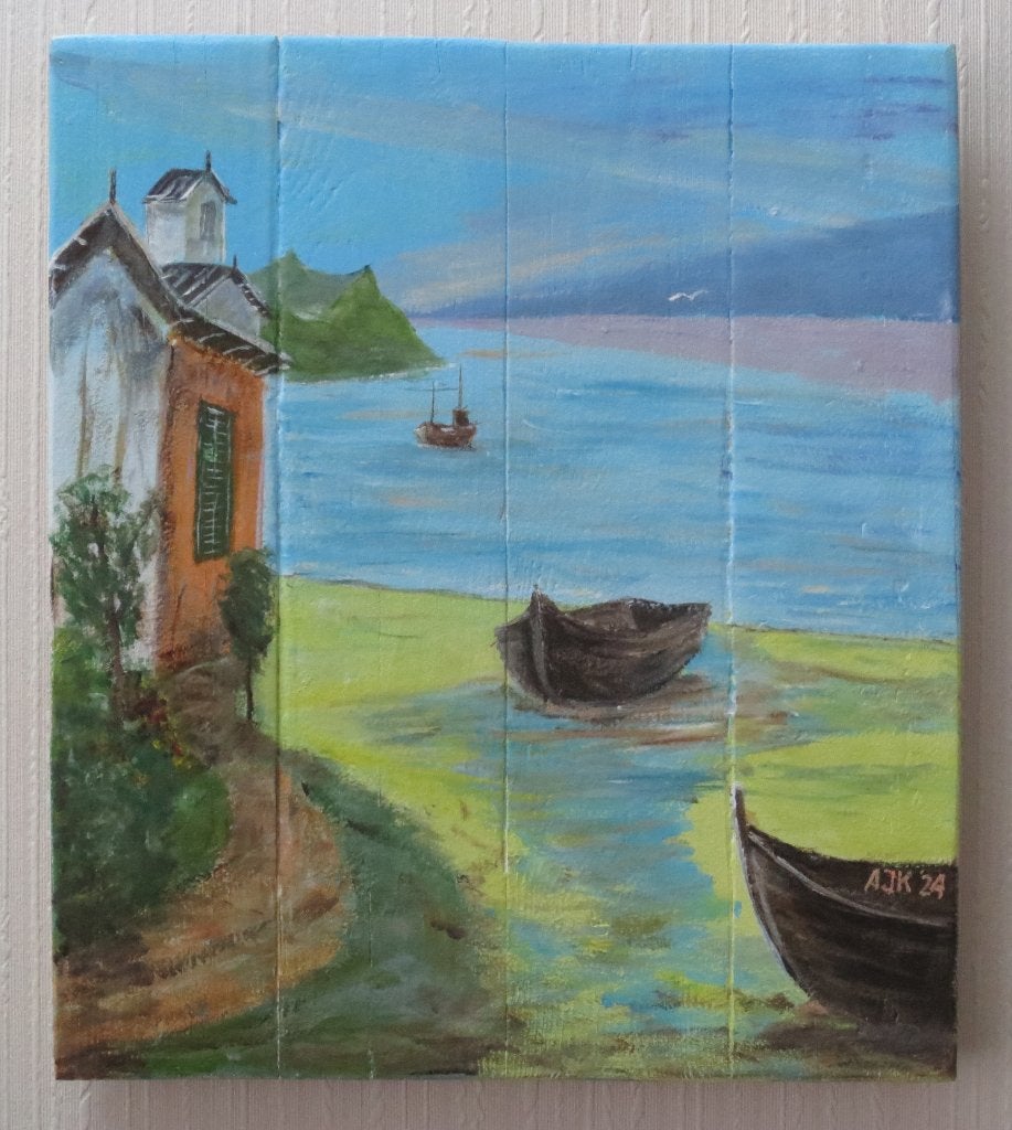 mooi schilderij op steigerhout: Uitzicht op zee, 28,5x32,5cm, Minder dan 50 cm, Oorspronkelijke maker, Ophalen of Verzenden, Zo goed als nieuw