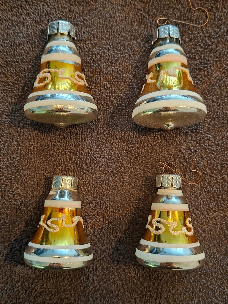 Set 4 vintage glazen kerstklokjes goud/zilver – GDR (60/70), Ophalen of Verzenden