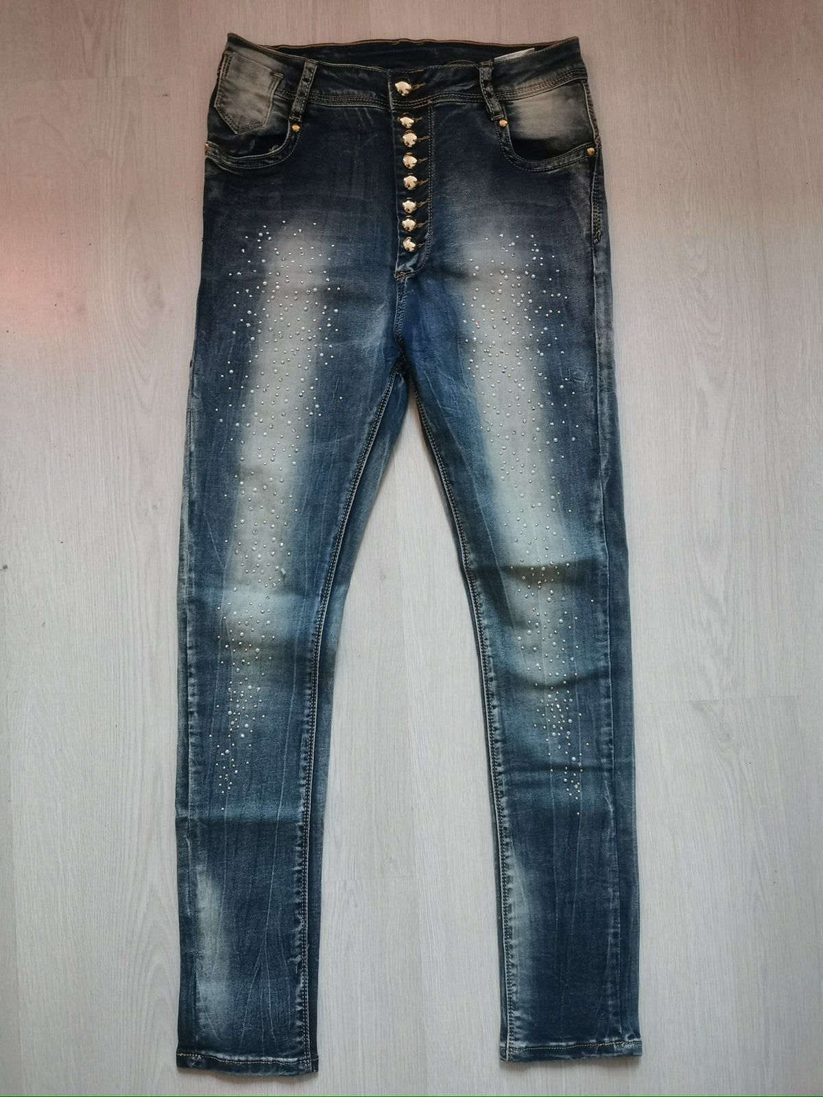 Dames jeans spijkerbroek met steentjes S, Verzenden, Zo goed als nieuw, Blauw, W28 - W29 (confectie 36)