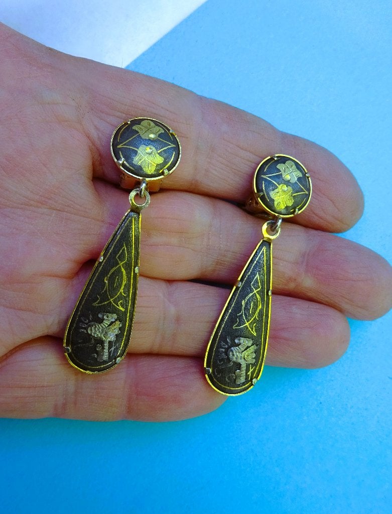 Zwart goud Toledo damascene clip oorhangers, Overige materialen, Verzenden, Goud, Hangers