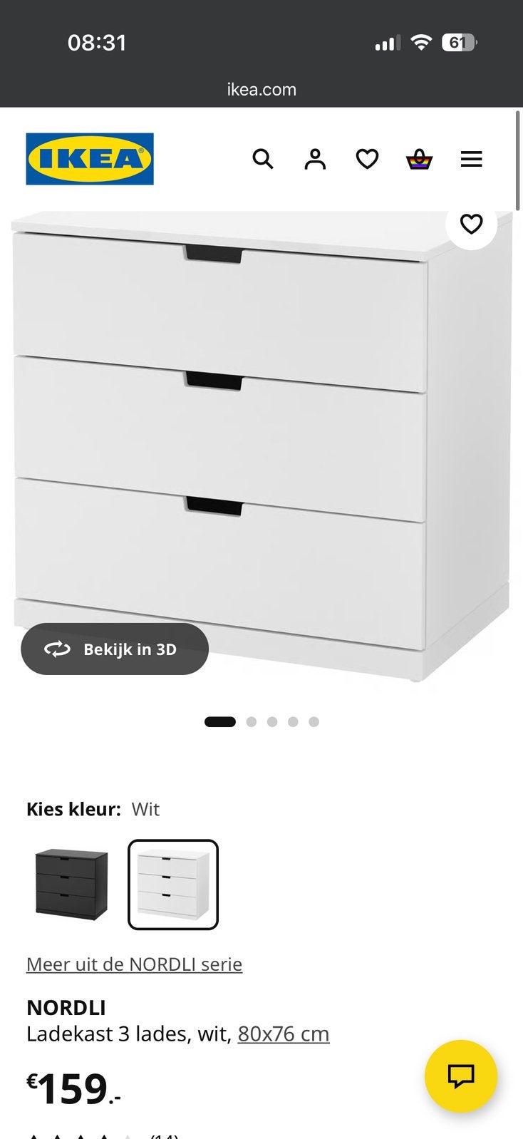 IKEA NORDLI Ladekast wit, 3 lades, 80x76 cm, Ophalen, Overige materialen, 50 tot 100 cm, Zo goed als nieuw