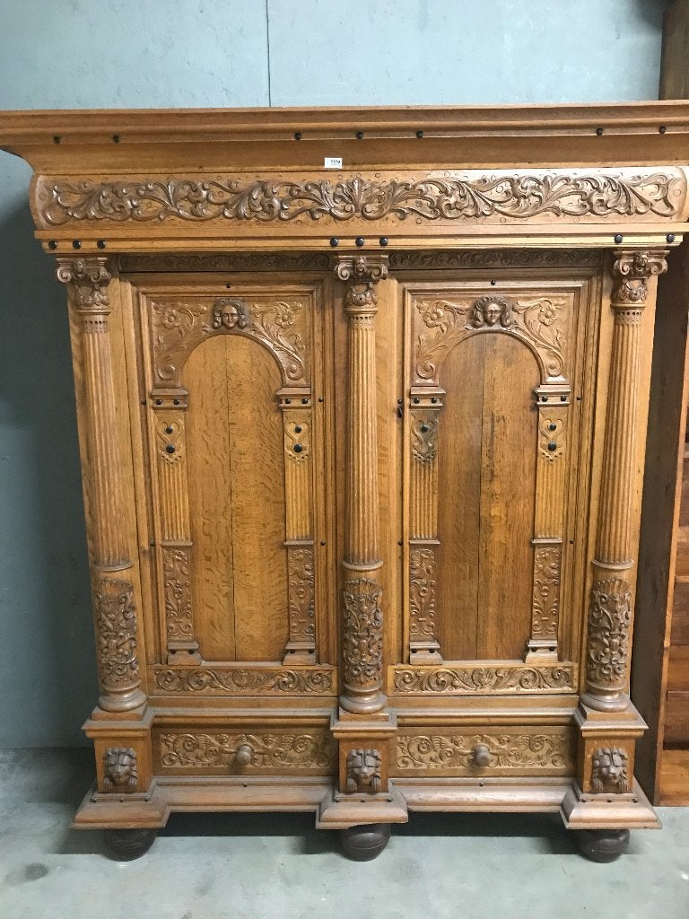 Antieke Eiken Kast met Rijkelijk Snijwerk, Ophalen, Gebruikt, 100 tot 150 cm, Eikenhout