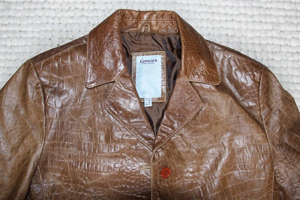 Prachtige Leren Ginger Jas (L) € 55,-, Bruin, Maat 42/44 (L), Ginger, Ophalen of Verzenden