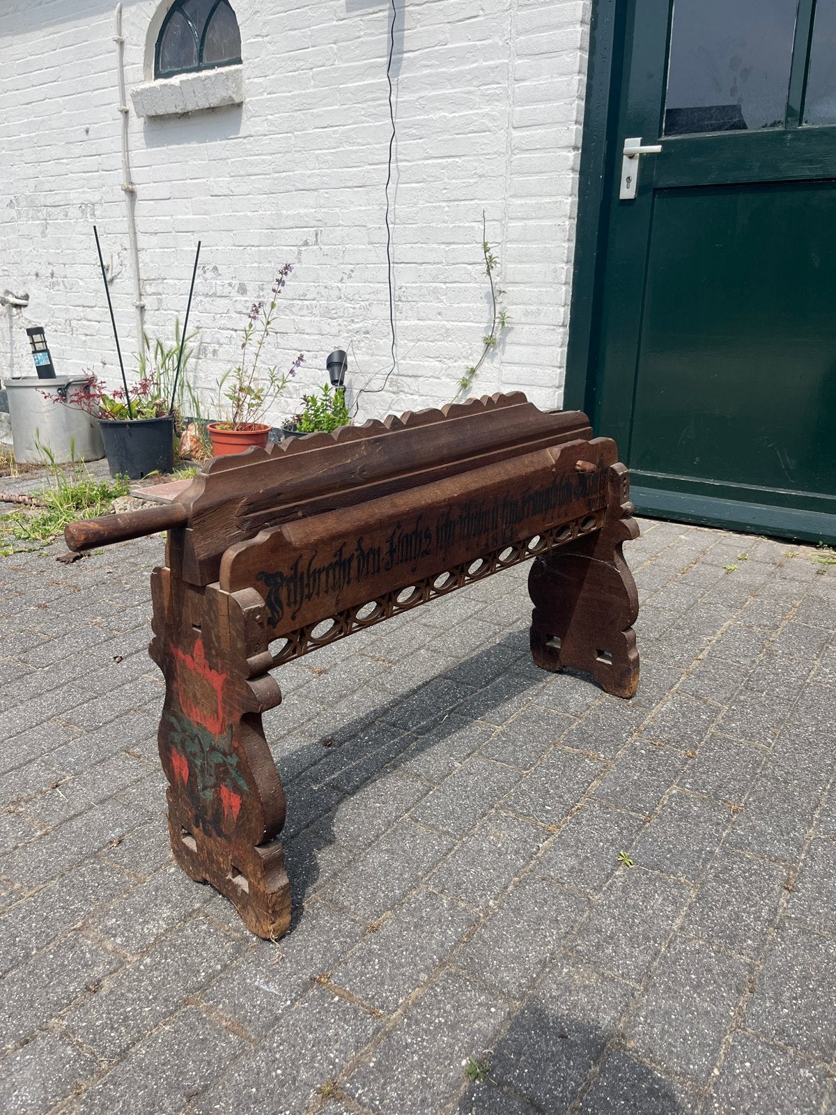 Antieke houten mangel met inscriptie, Ophalen