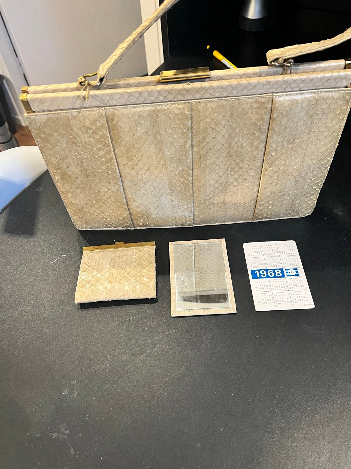 Vintage Slangenleren Handtas met Portemonnee en Spiegel, Ophalen, Gebruikt, Beige, Handtas