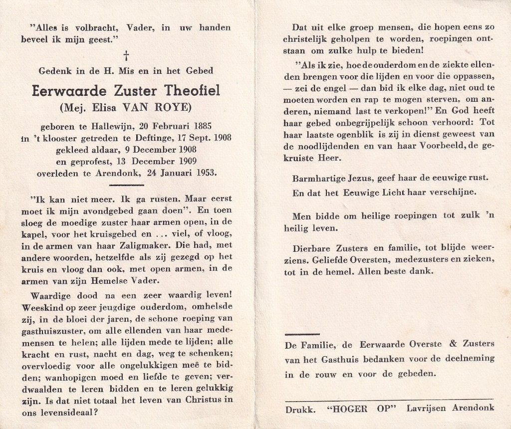 Roye Elisa 1885 Hallewijn 1953 Arendonk zuster, Ophalen of Verzenden, Bidprentje
