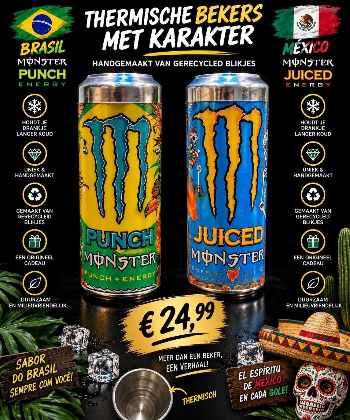 Monster Energy Thermische Bekers - Uniek & Handgemaakt, Meerkleurig, Overige stijlen, Nieuw, Ophalen of Verzenden