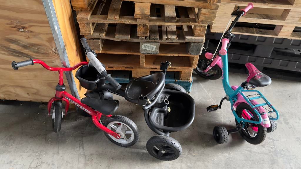 3 kinderfietsen te koop: loopfiets, driewieler en kinderfiet, Ophalen, Gebruikt, Minder dan 16 inch, Zijwieltjes