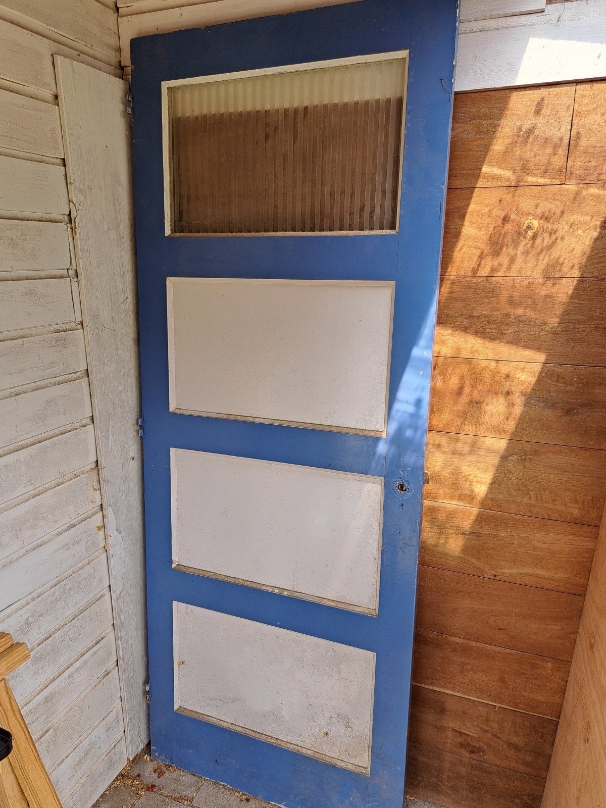 Antieke binnendeur met raampje - Blauw, Gebruikt, 80 tot 100 cm, Binnendeur, Ophalen of Verzenden
