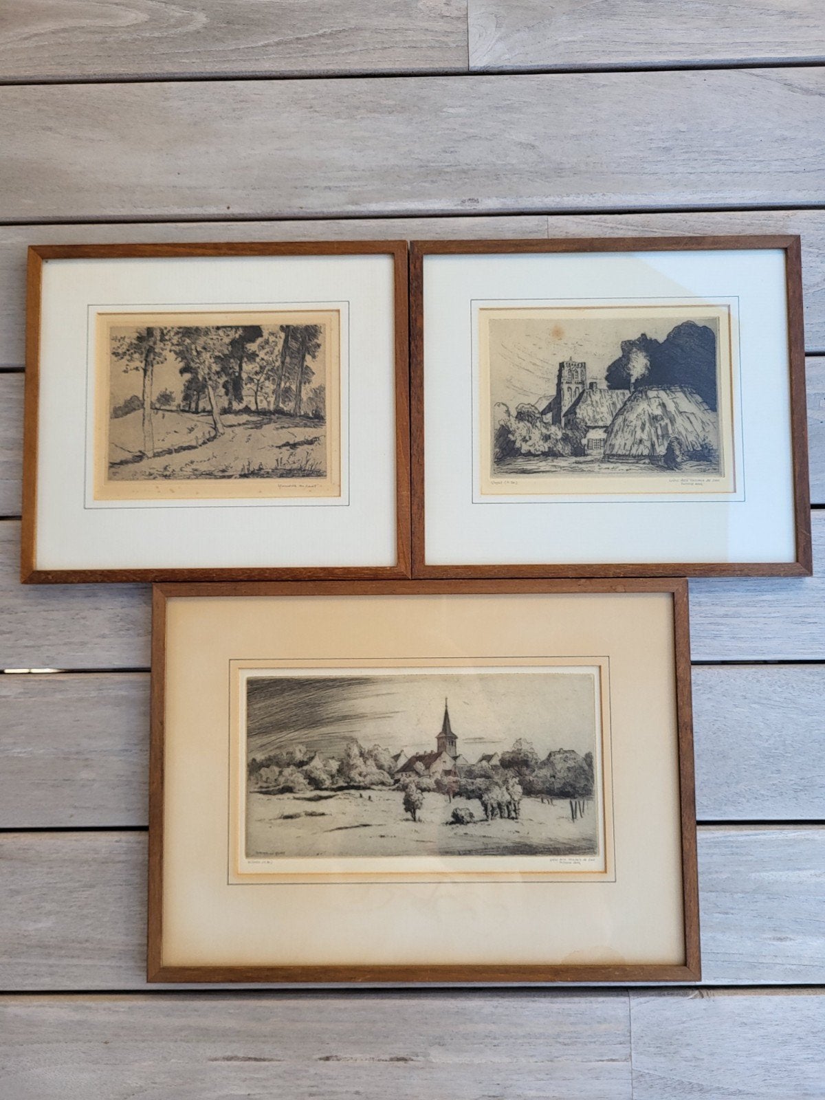 Drie etsen van Hendrik de Laat, landschappen / dorpsgezichte, Antiek en Kunst, Ets, Ophalen of Verzenden, Ingelijst, Landschap