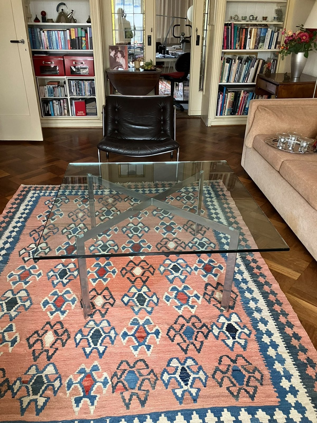 Glazen tafel gebaseerd op Mies von der Rohe, Huis en Inrichting, Ophalen, Gebruikt, 100 tot 150 cm, 50 tot 100 cm