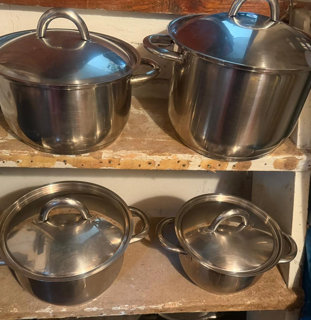 Pannenset RVS - 4 stuks met deksels, Ophalen of Verzenden, Gebruikt, Rvs, Pannenset