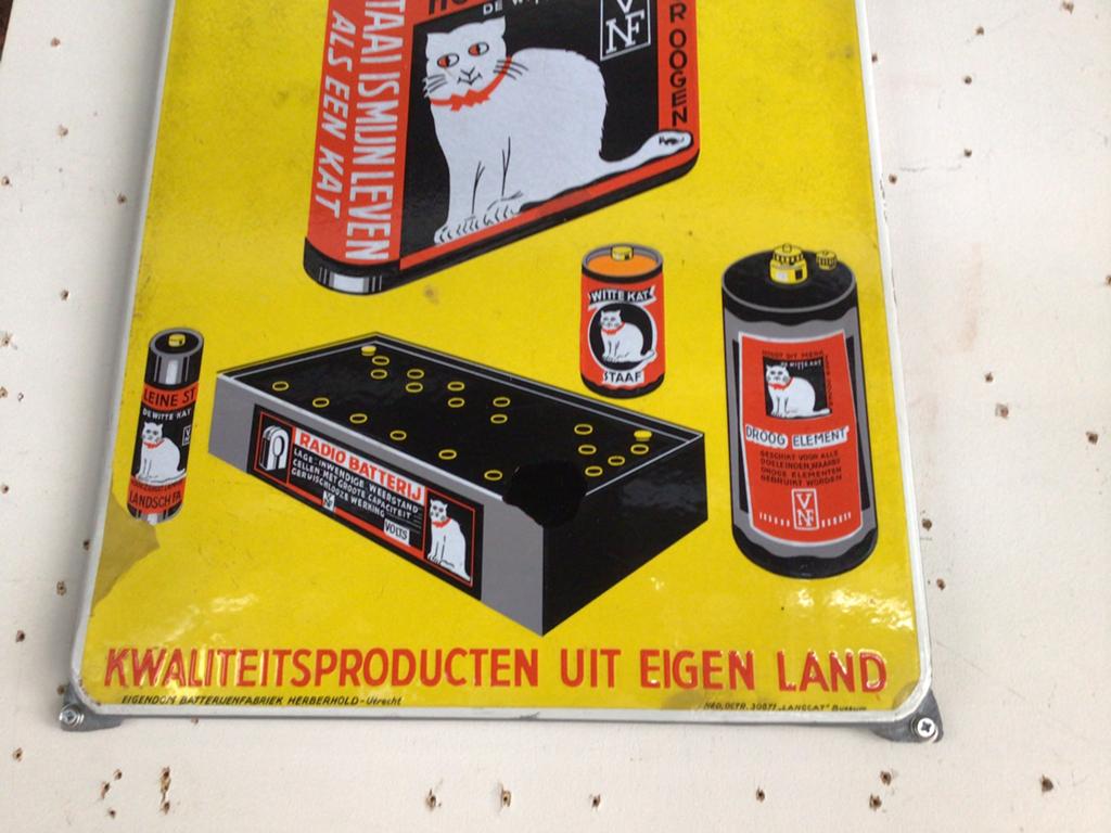 Mooi zeldzaam emaille bord witte kat 47/38 cm serieus bieden, Antiek en Kunst, Ophalen of Verzenden