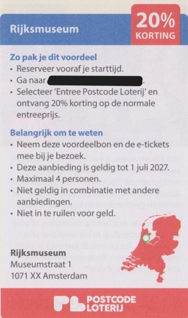 Rijksmuseum. Amsterdam. 20% korting. Postcodeloterij bon., Tickets en Kaartjes, Musea, Drie personen of meer, Kortingskaart