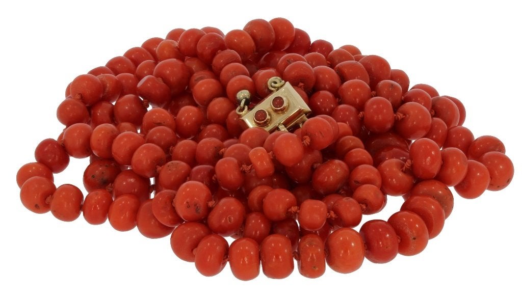 Bloedkoraal fraai antieke ketting 14k slot goud kaasjes dame, Ophalen of Verzenden, Goud, Ketting, Met edelsteen