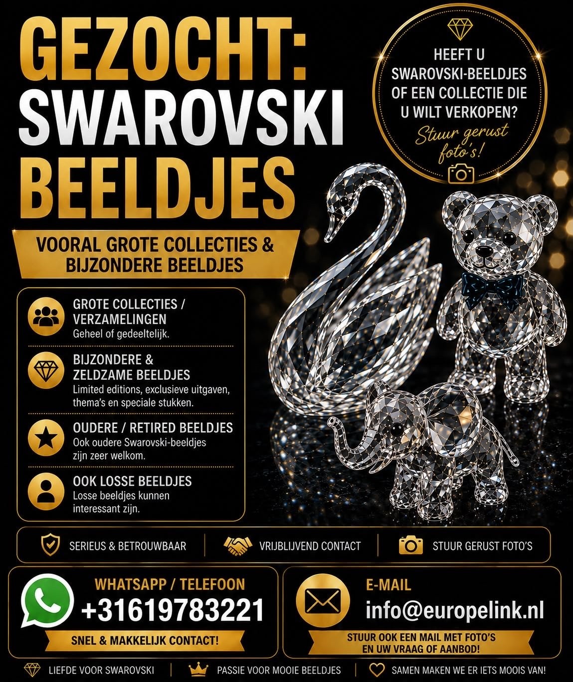 GEZOCHT: Swarovski beeldjes & collecties - Hoogste prijs!, Ophalen, Gebruikt, Figuurtje