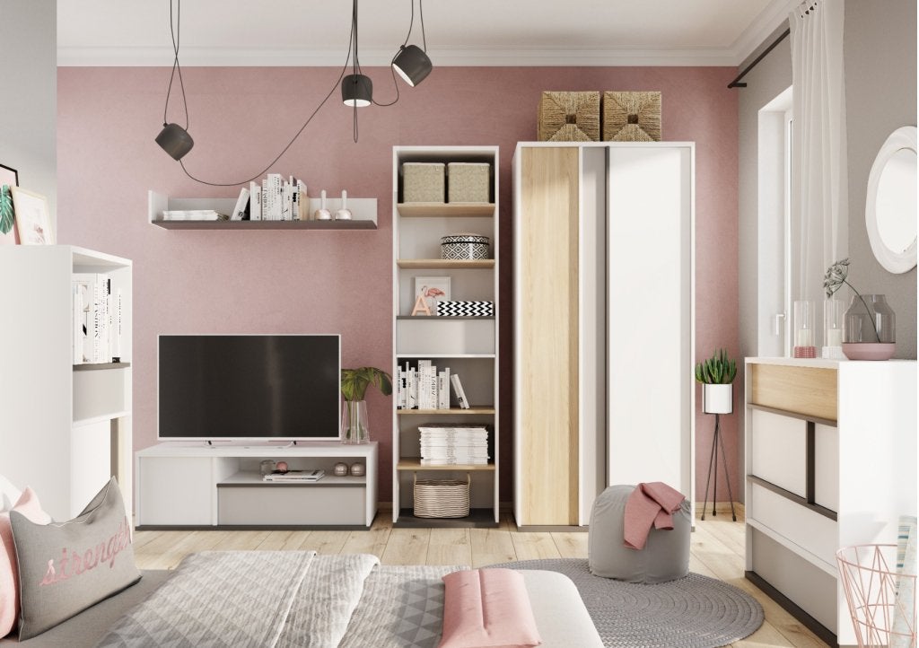 Imola tienerkamer, zelf samen te stellen - Wit/eiken/lichtgr, Kinderen en Baby's, Kinderkamer | Bedden, Niet ingevuld, Niet ingevuld