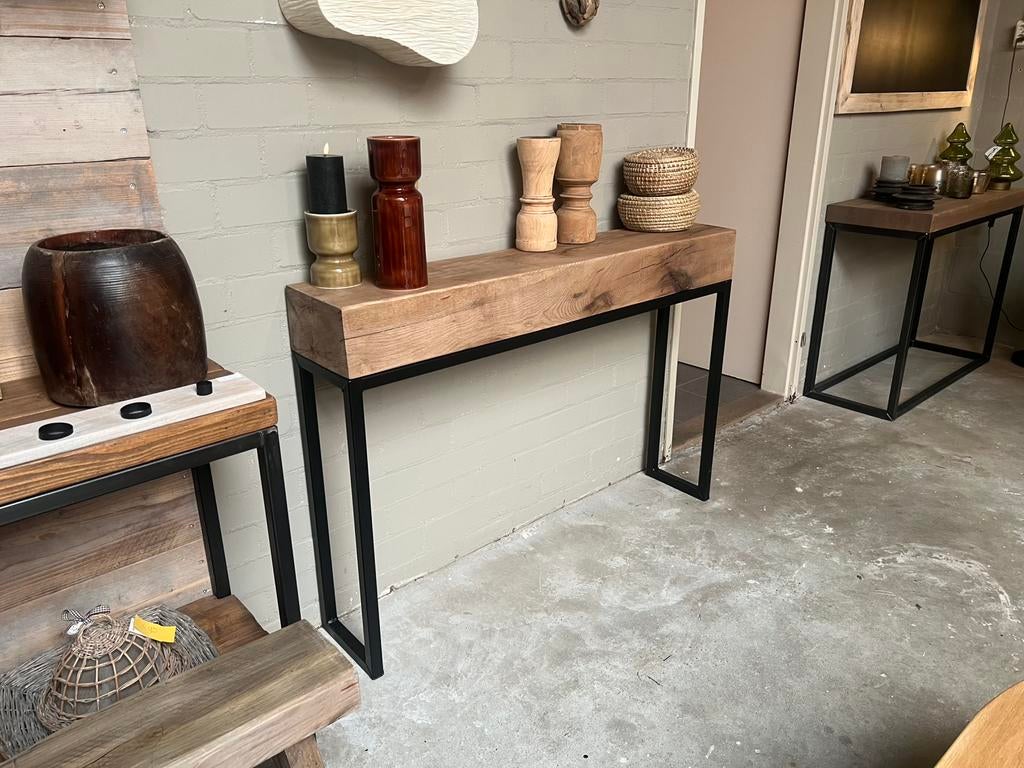 Sidetable oude eiken balk stalen frame, 100 tot 150 cm, Nieuw, Ophalen of Verzenden, Eikenhout