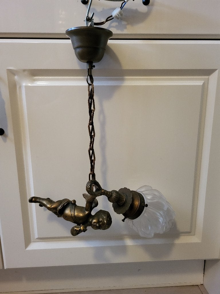 Brons engel hanglampje met fakkel /toorts kapje, Ophalen of Verzenden, Zo goed als nieuw, Glas