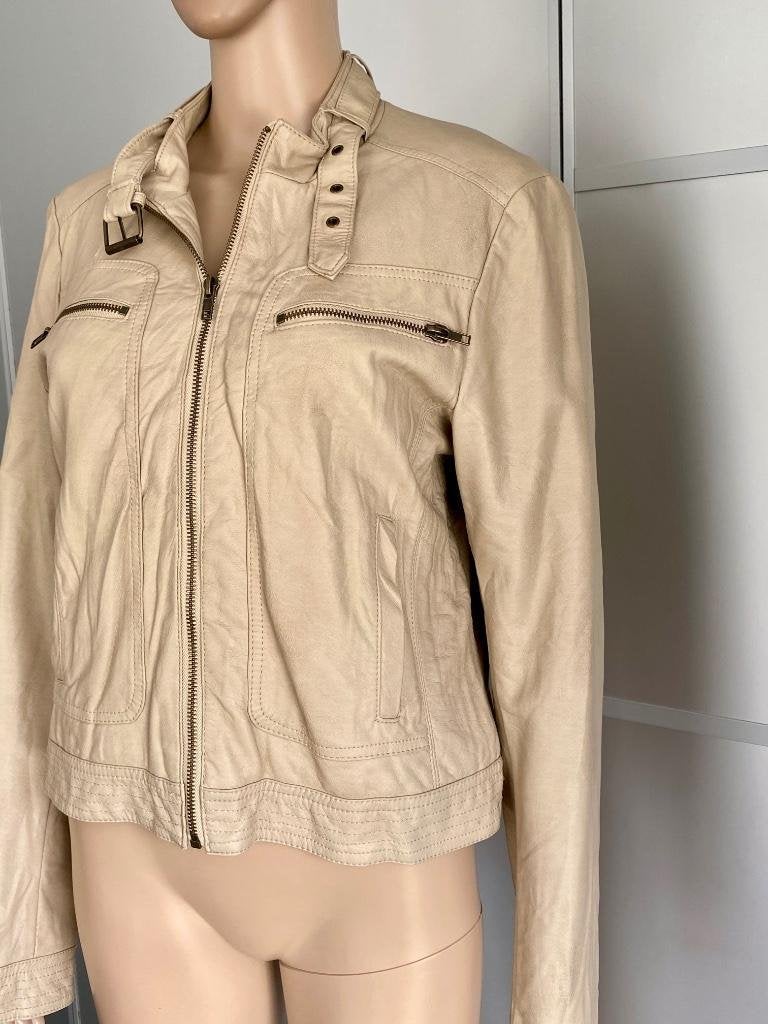 H285 Expresso maat 40=M immitatie-leren jasje jack colbert, Maat 38/40 (M), Expresso, Beige, Ophalen of Verzenden