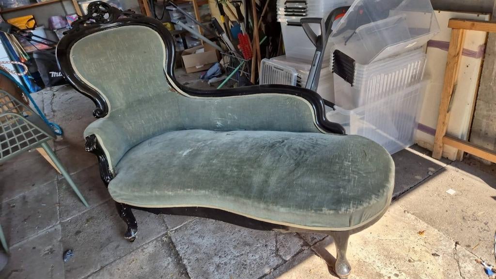 Antieke chaise longue / divan, groen fluweel, Ophalen