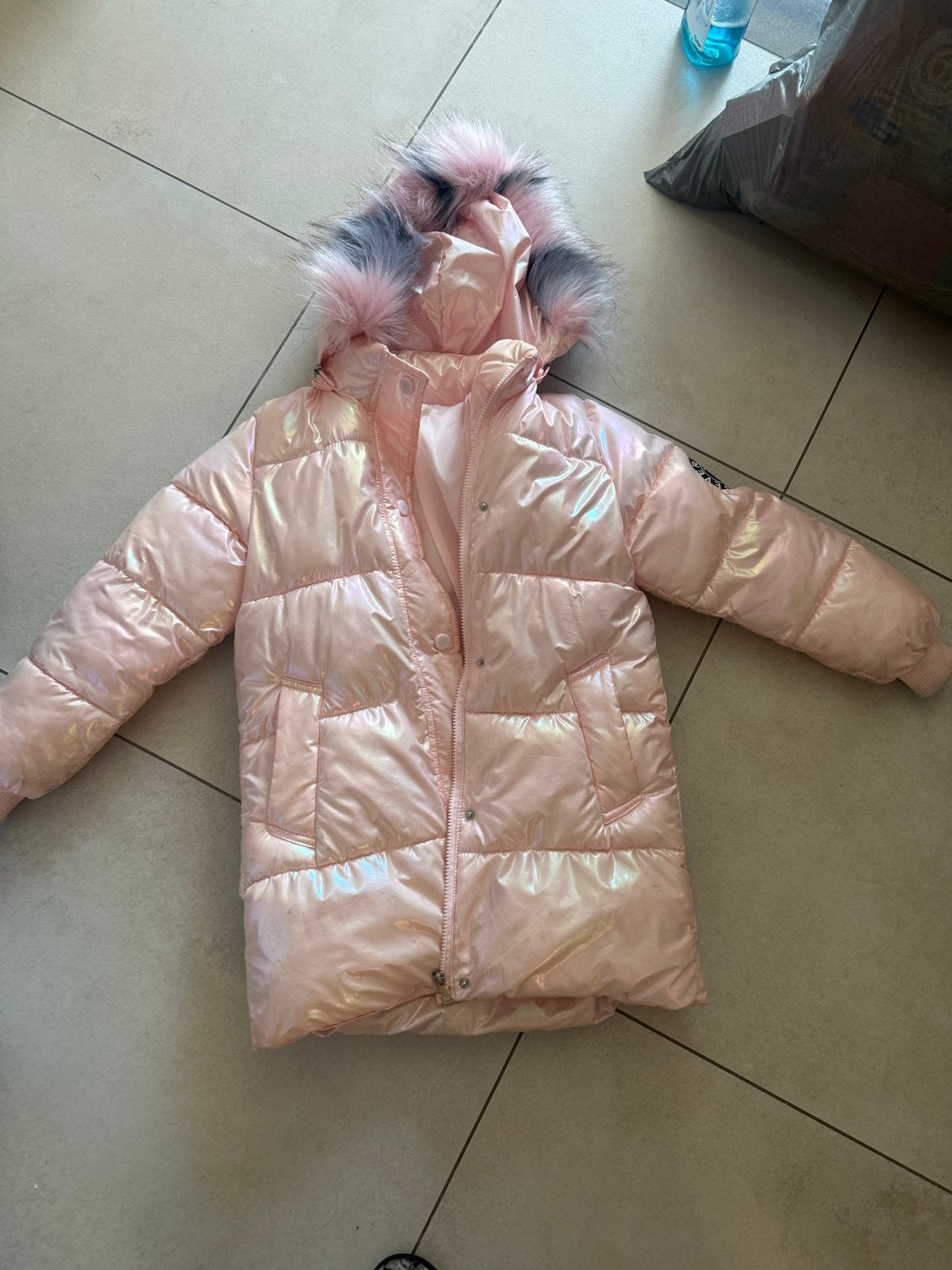 Roze glanzende winterjas met bontkraag voor meisjes, Ophalen, Gebruikt, Meisje