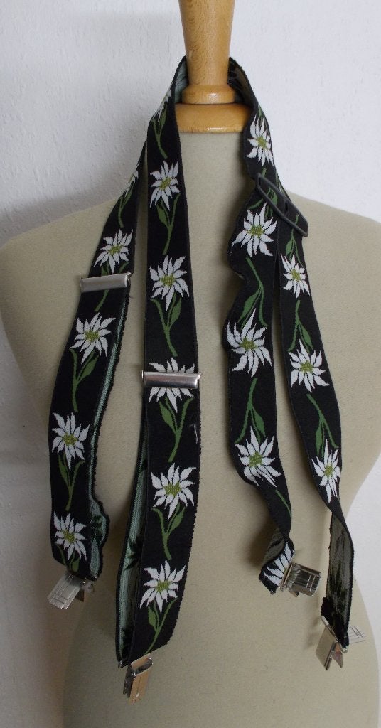 Grappige trachten/folklore zwarte Edelweis print bretels, 95 tot 105 cm, Verzenden, Zwart, Zo goed als nieuw