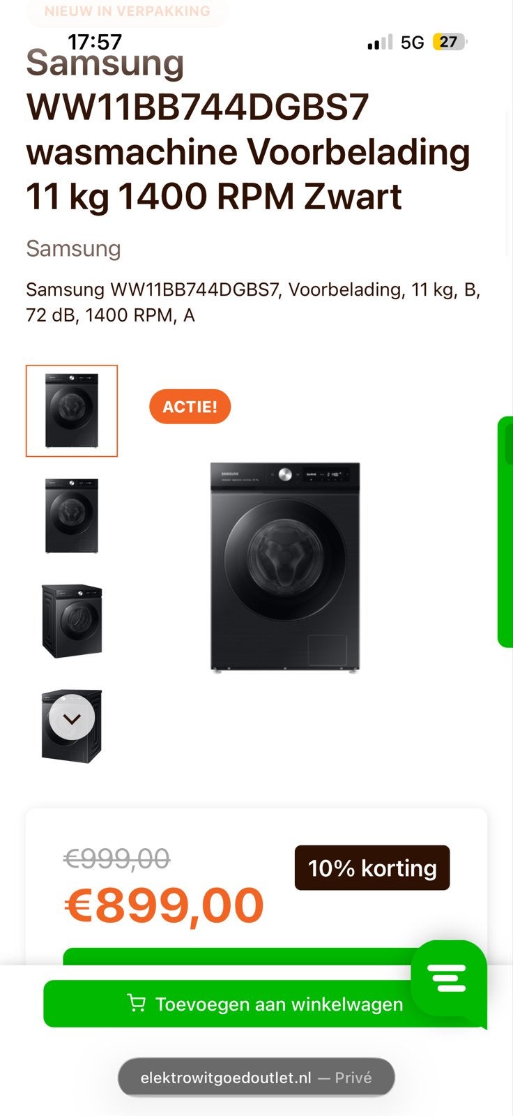 Samsung WW11BB744DGBS7 Wasmachine Voorlader 11kg 1400RPM Zwa, Witgoed en Apparatuur, Ophalen, 1200 tot 1600 toeren, Gebruikt, 10 kg of meer