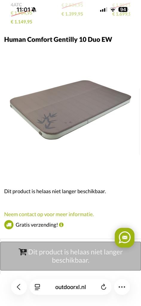 Human Comfort Gentilly 10 Duo EW Slaapmat, Caravans en Kamperen, Ophalen of Verzenden, Zo goed als nieuw, 2-persoons