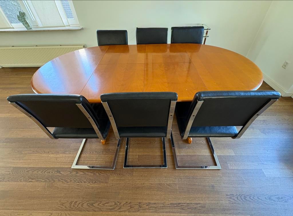 Uitschuifbare Kersenhouten Eettafel met 6 Leren Stoelen, Huis en Inrichting, Ophalen, Gebruikt, 100 tot 150 cm, 200 cm of meer