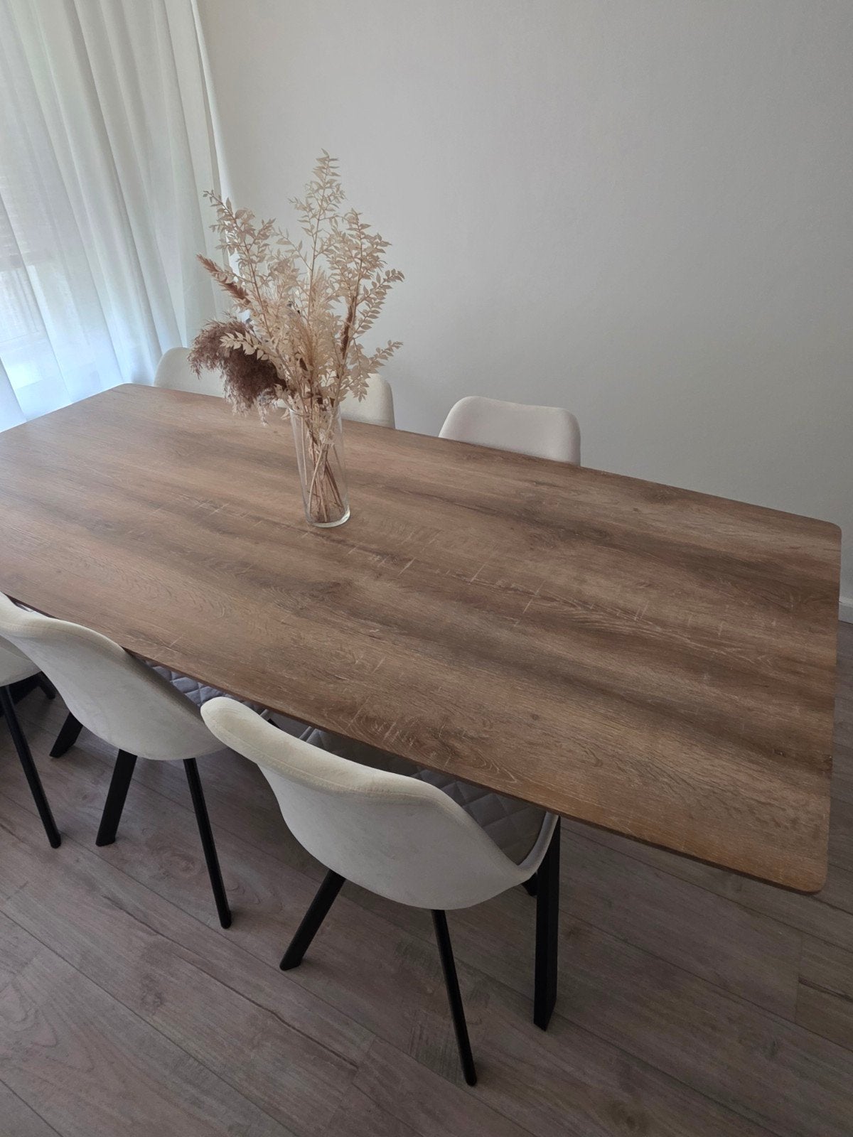 Mooie eettafel inclusief beige velvet-stoelen!, Ophalen, Gebruikt, Eikenhout, 50 tot 100 cm