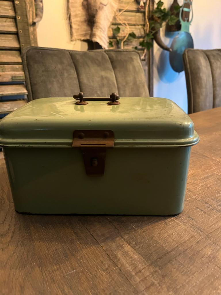 Vintage Groene Emaille Broodtrommel - Brooddoos, Antiek en Kunst, Antiek | Emaille, Ophalen of Verzenden